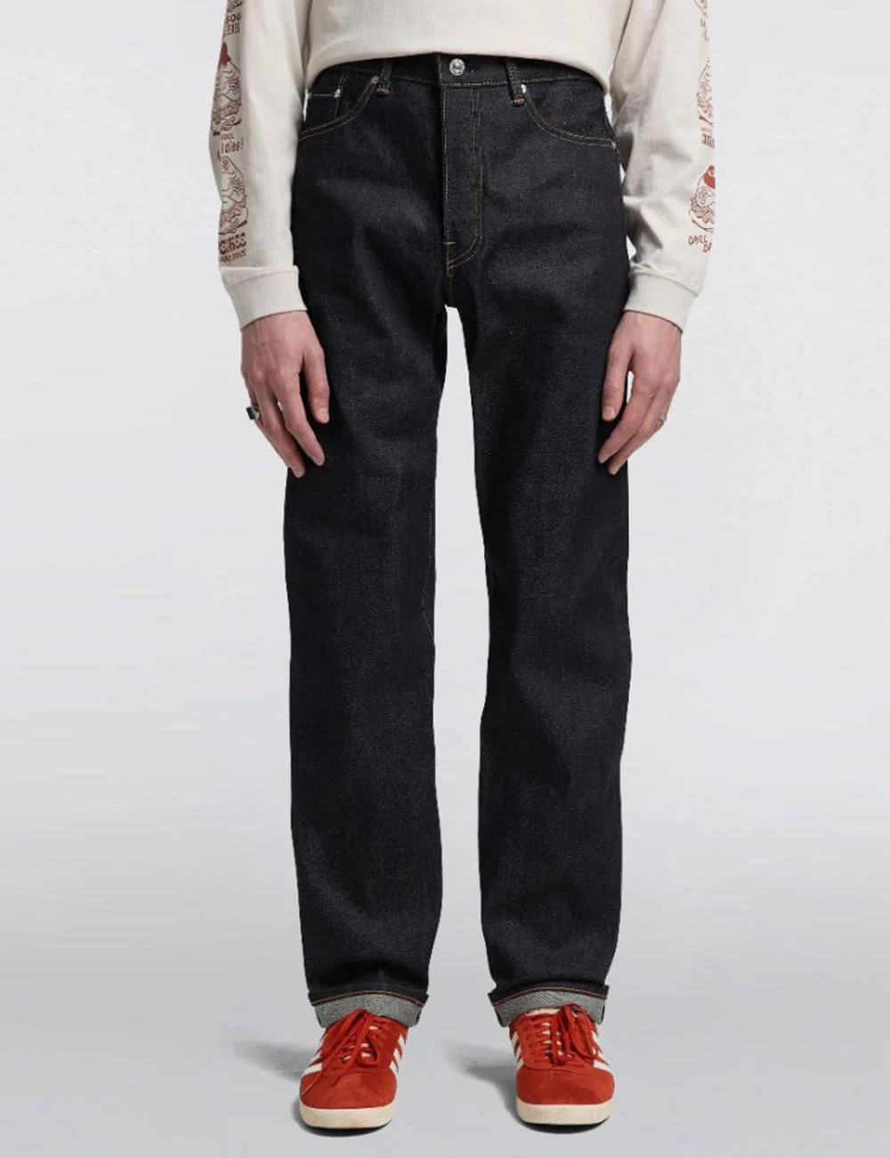 Regular Straight Red Selvedge Jeans - Blue, Unwashed - Image 2
