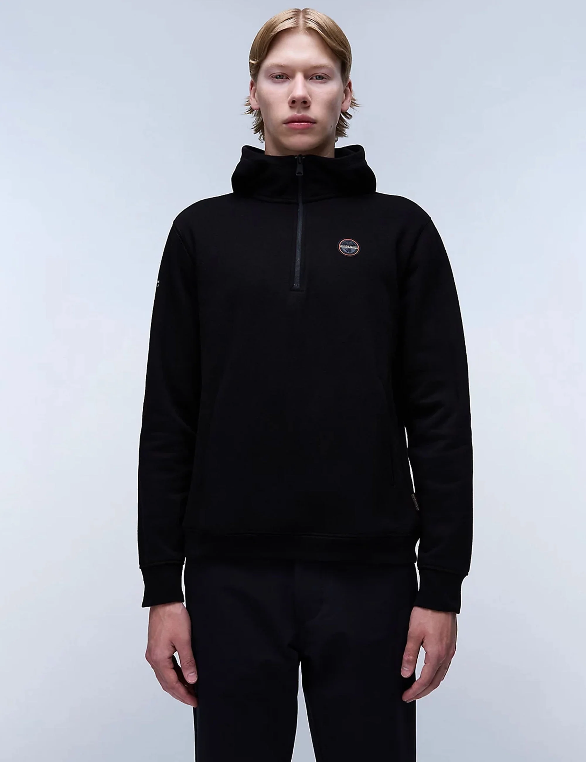 Badge Half Zip Hooded Sweat - Black - Image 2