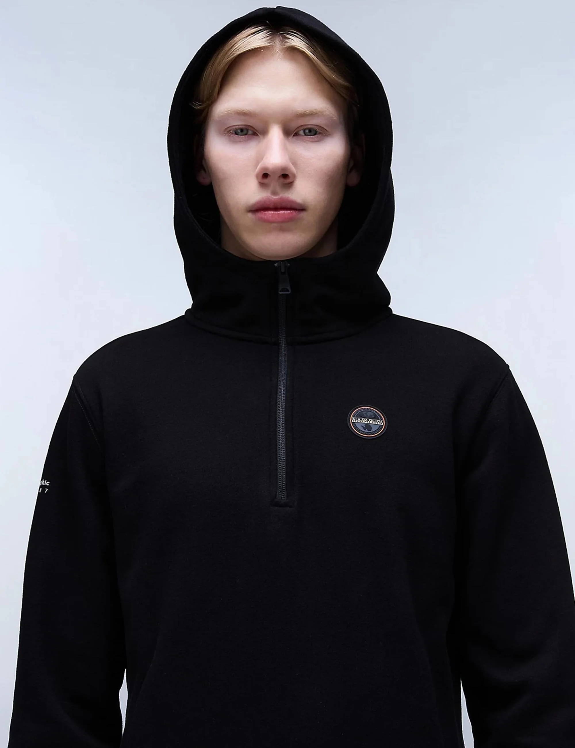 Badge Half Zip Hooded Sweat - Black - Image 5