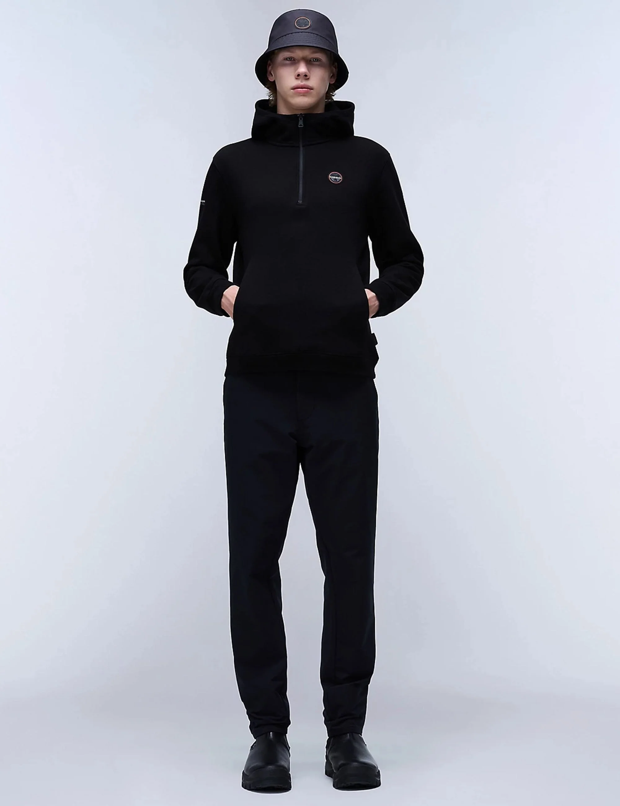 Badge Half Zip Hooded Sweat - Black - Image 7