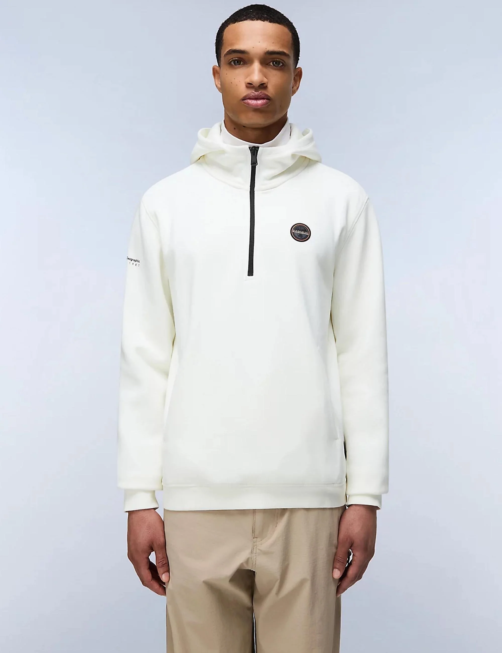 Badge Half Zip Hooded Sweat - White Heron - Image 2