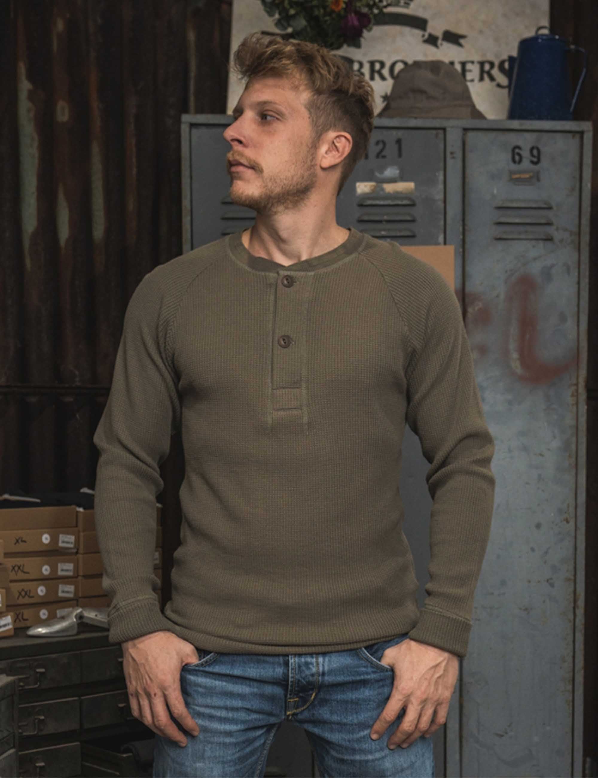 1936 Waffle Henley T-Shirt Shirt - Army - Image 2